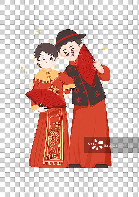 中式婚礼服装一对新人拿喜字图片素材