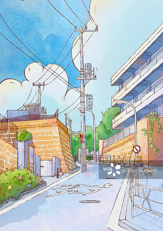 水彩风格街道插画图片素材