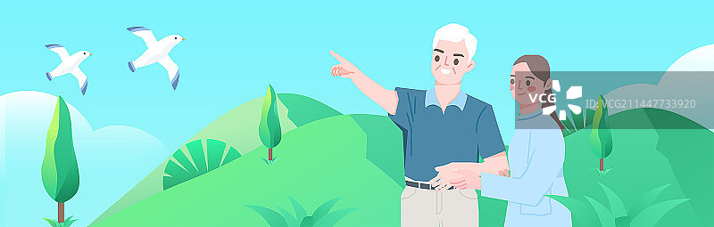 颐养院护士陪同老人散步锻炼身体并欣赏风景图片素材