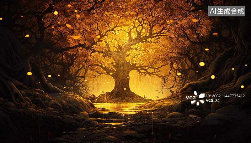 【AI数字艺术】夕阳下的树图片素材