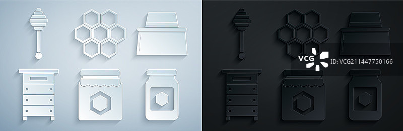 蜂蜜罐、带防护帽的养蜂人和蜂巢图案设计图片素材