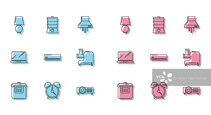 慢炖锅、闹钟、台灯线条设计图片素材