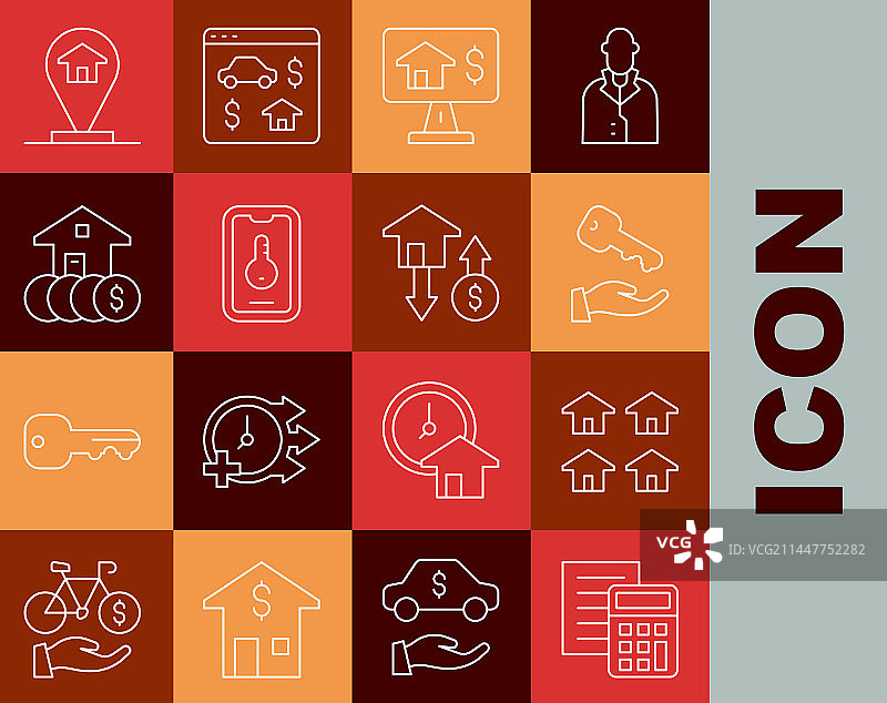 计算器、房地产和房屋钥匙线条集合图片素材