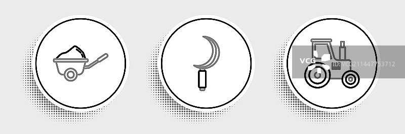 成套线条：拖拉机、独轮车、泥土和镰刀图片素材