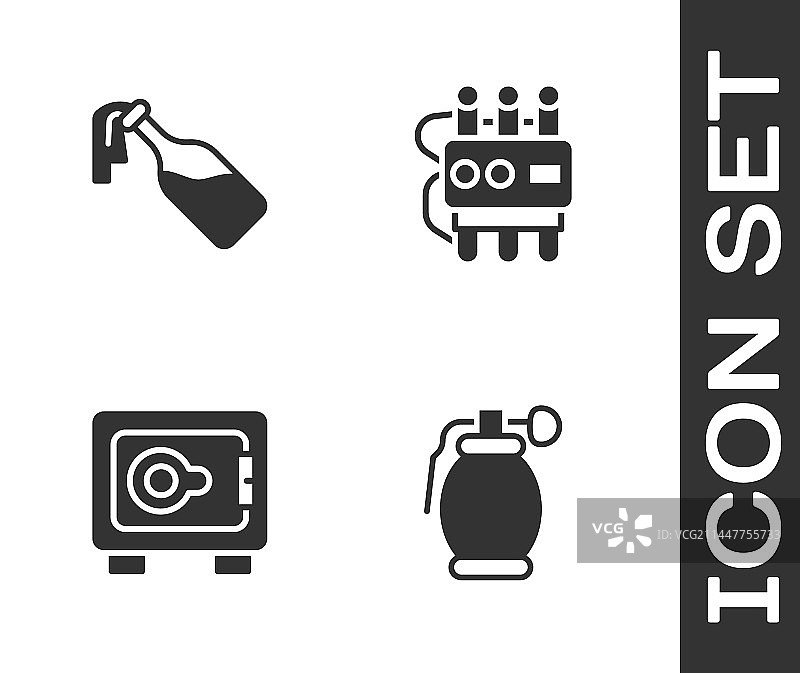 手榴弹、燃烧瓶和保险箱图标合集图片素材