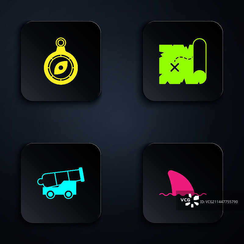 海浪中的鲨鱼鳍、指南针和大炮图片素材