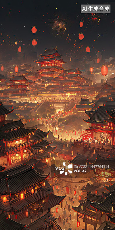 【AI数字艺术】中国风盛世不夜城繁华景象图片素材