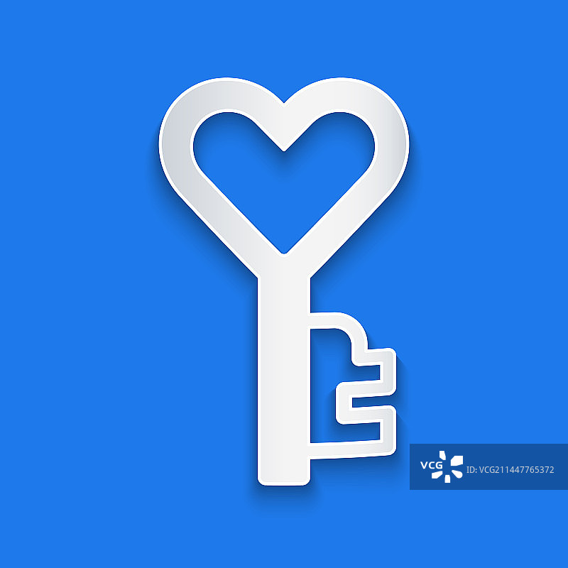 蓝色背景上的剪纸风心形钥匙图标图片素材