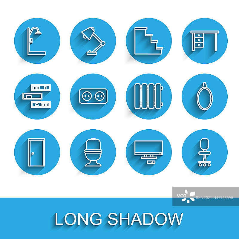 关闭的门、马桶、淋浴和智能设备线条设置图片素材