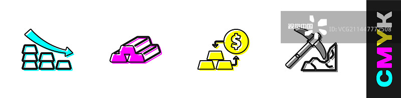 下跌箭头与金条黄金交易图片素材