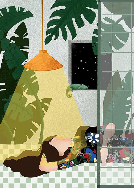 绿色热带植物花卉女孩复古扁平风插画图片素材