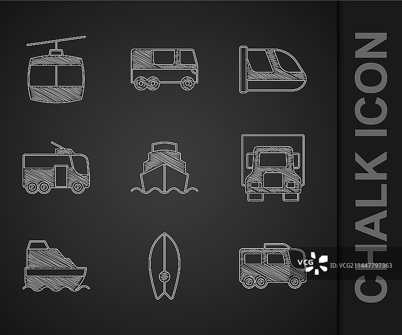 邮轮、冲浪板与货运巴士组合图片素材