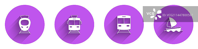 有轨电车、火车和帆船游艇组合图片素材