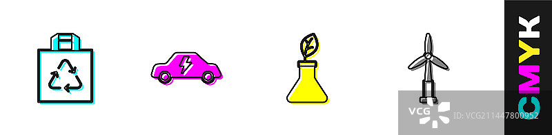 带有回收标志、电动汽车和植物的购物袋图片素材