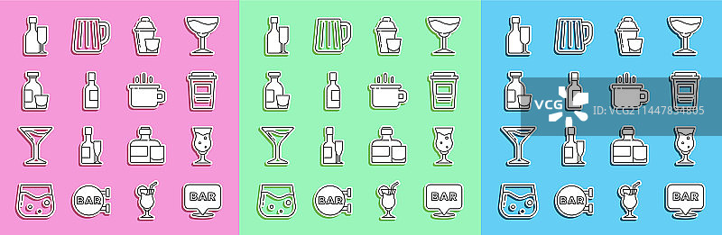 酒精、酒吧位置和啤酒杯图标图片素材