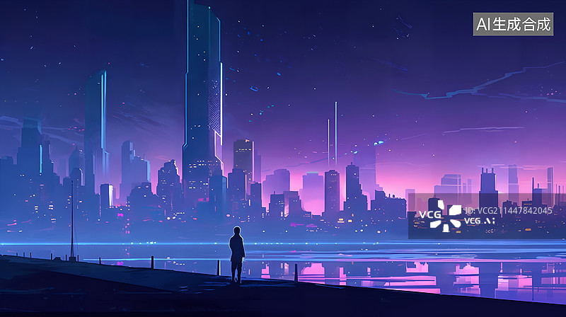 【AI数字艺术】夜晚都市风景霓虹灯水面高楼建筑赛博朋克风格插画图片素材
