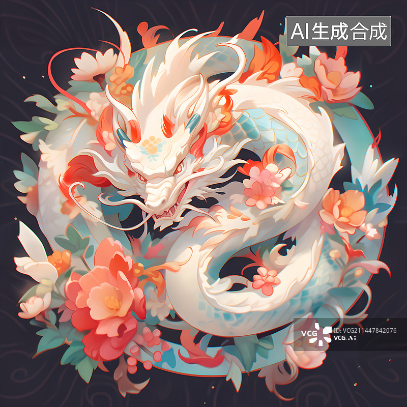 【AI数字艺术】中国白龙花卉牡丹花多彩插画图片素材