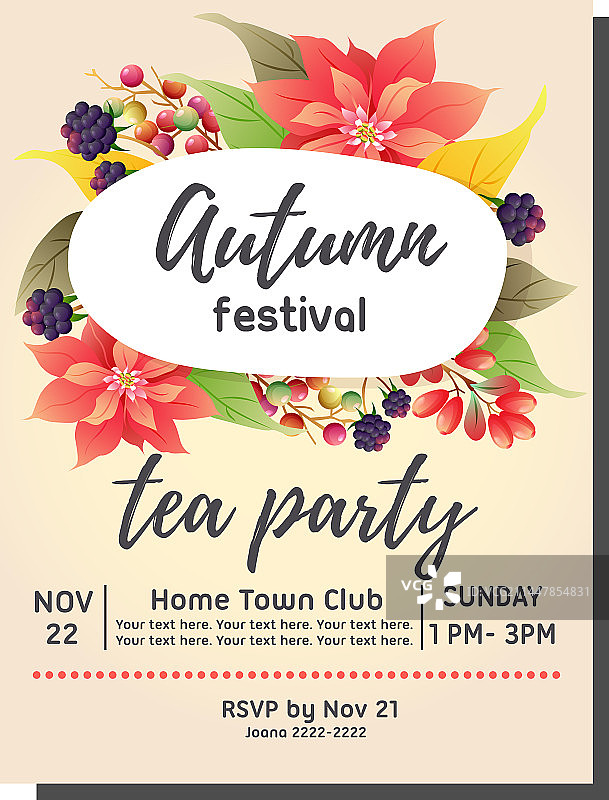 含一品红元素的秋季茶话会邀请卡图片素材