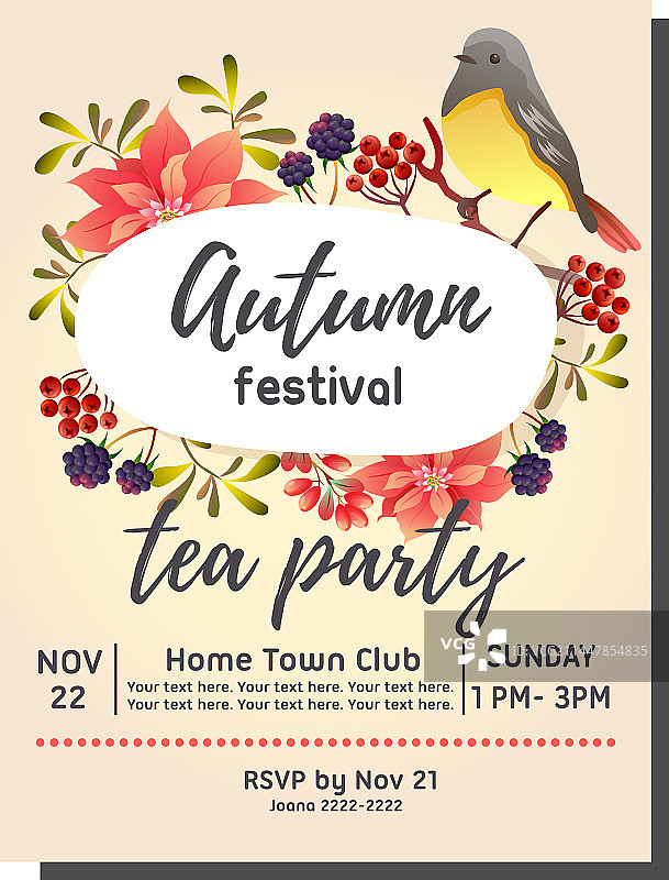 有鸟鸣的秋季茶会邀请卡图片素材