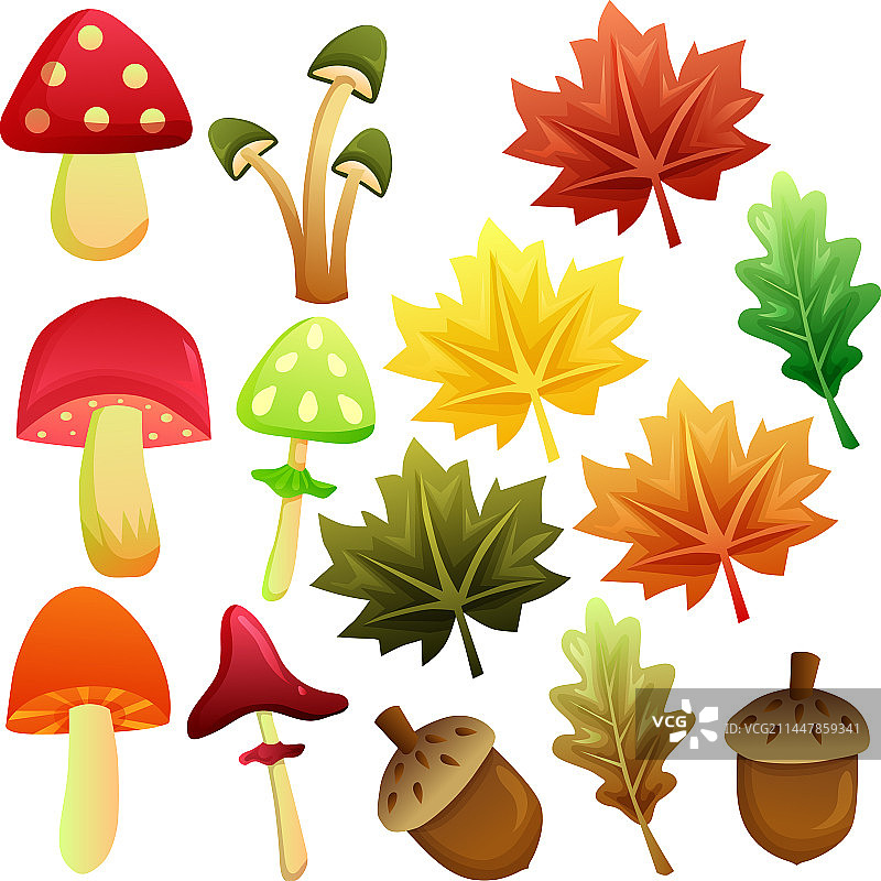 秋季蘑菇和树叶图标合集图片素材
