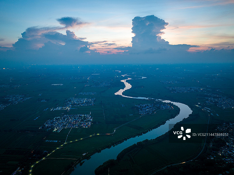 高空商水沙河邓城段全景夜景云景图片素材