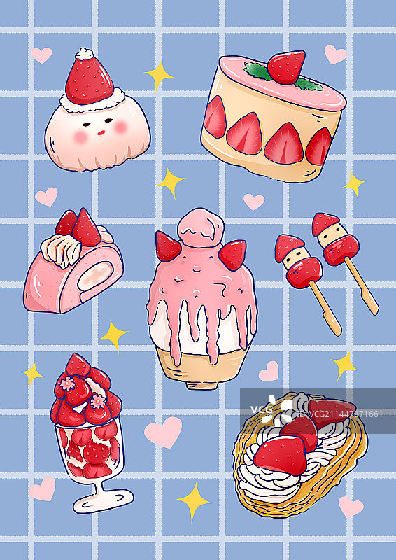 可爱草莓蛋糕甜品插画图片素材