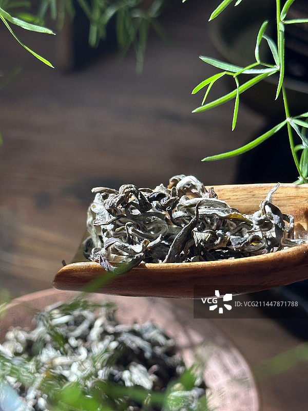 茶匙中的茶叶特写图片素材