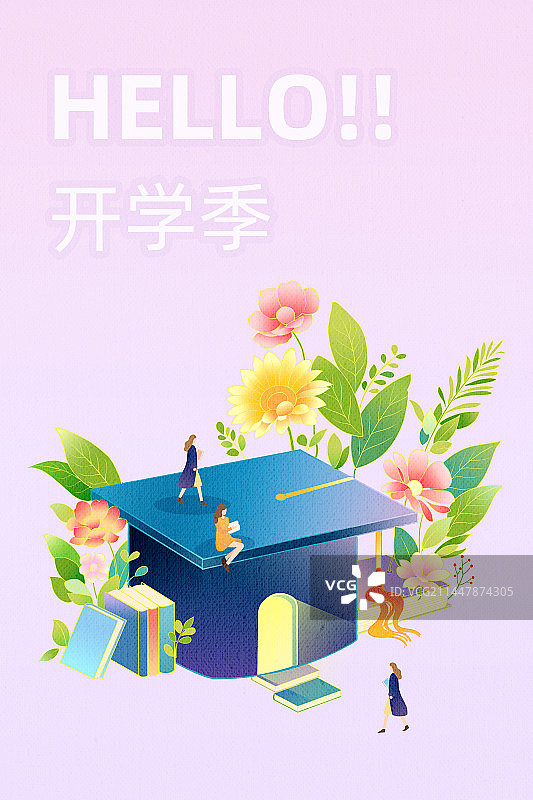 开学季创意鲜花背景博士帽图片素材