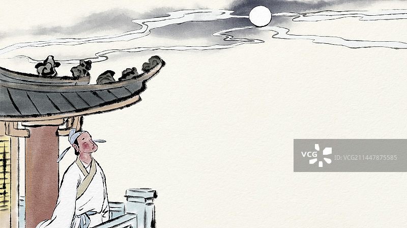 登楼望月的古代诗人学子复古国风插画图片素材
