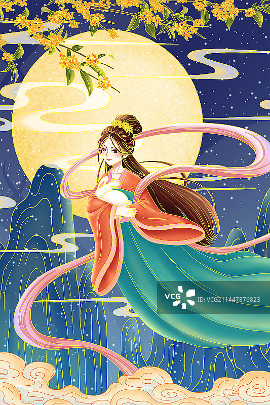国潮中国风中秋节插画嫦娥奔月图片素材