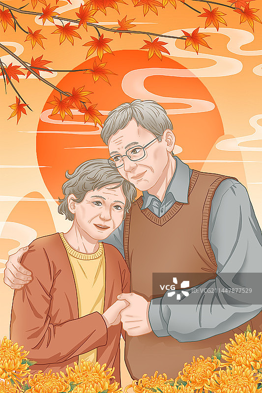国风重阳节插画夕阳下的老夫妻图片素材