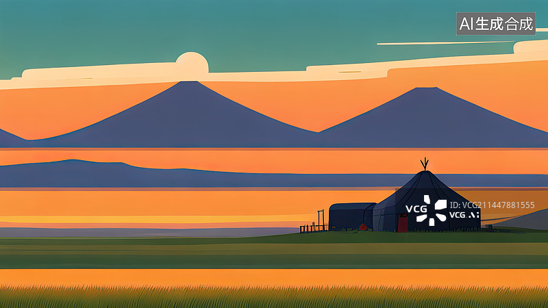 【AI数字艺术】草原日落蒙古包扁平插画图片素材