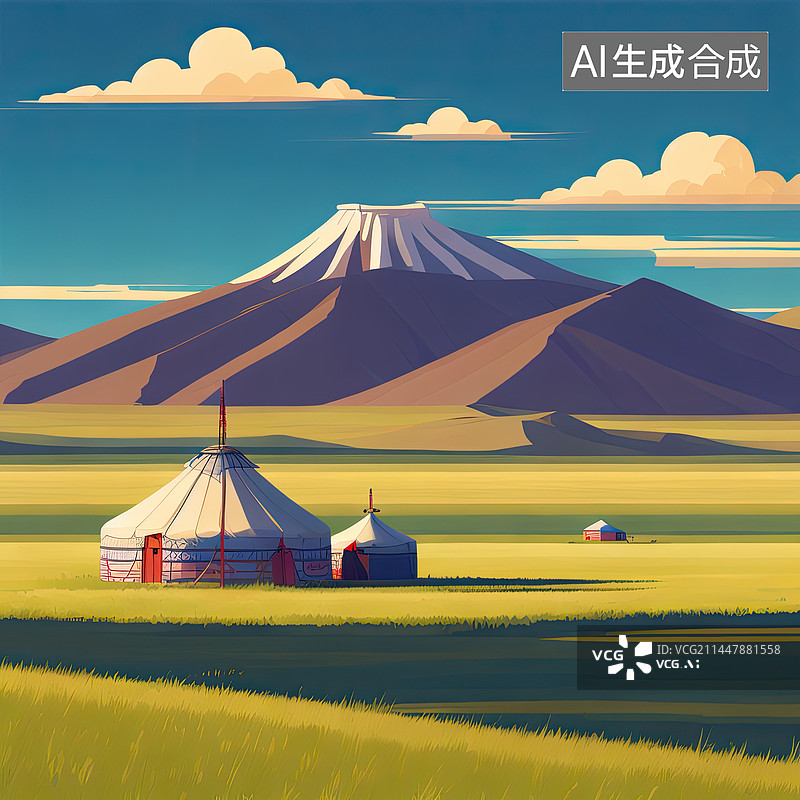 【AI数字艺术】草原日落蒙古包扁平插画图片素材