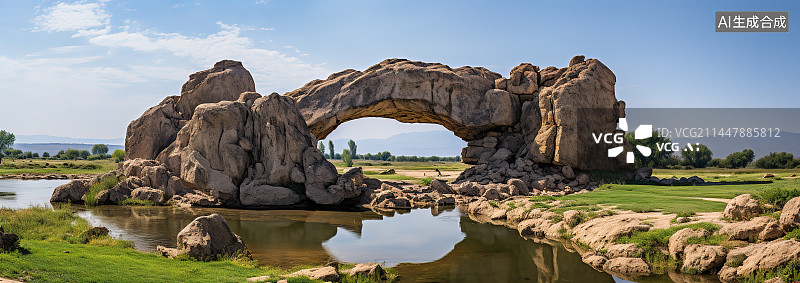 【AI数字艺术】天空映衬下的岩层全景图片素材