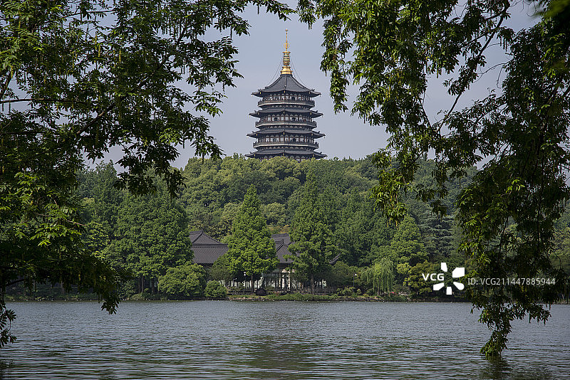 树林中看雷峰塔图片素材