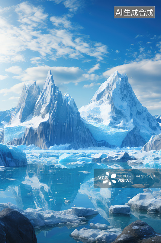 【AI数字艺术】冰山的写实3D插画,冰山漂浮在水中图片素材