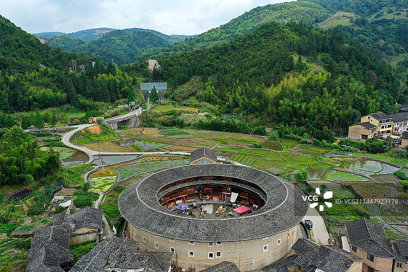 福建省漳州市福建土楼南靖景区河坑土楼群航拍图片素材
