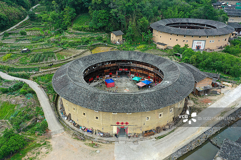福建省漳州市福建土楼南靖景区河坑土楼群航拍图片素材