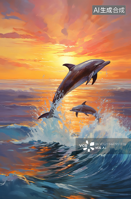 【AI数字艺术】夕阳下的海豚图片素材