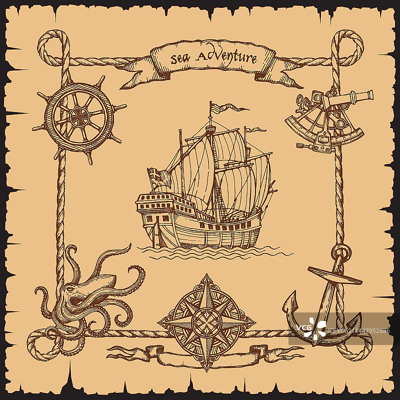 带绳索框架边框的复古海盗船图片素材