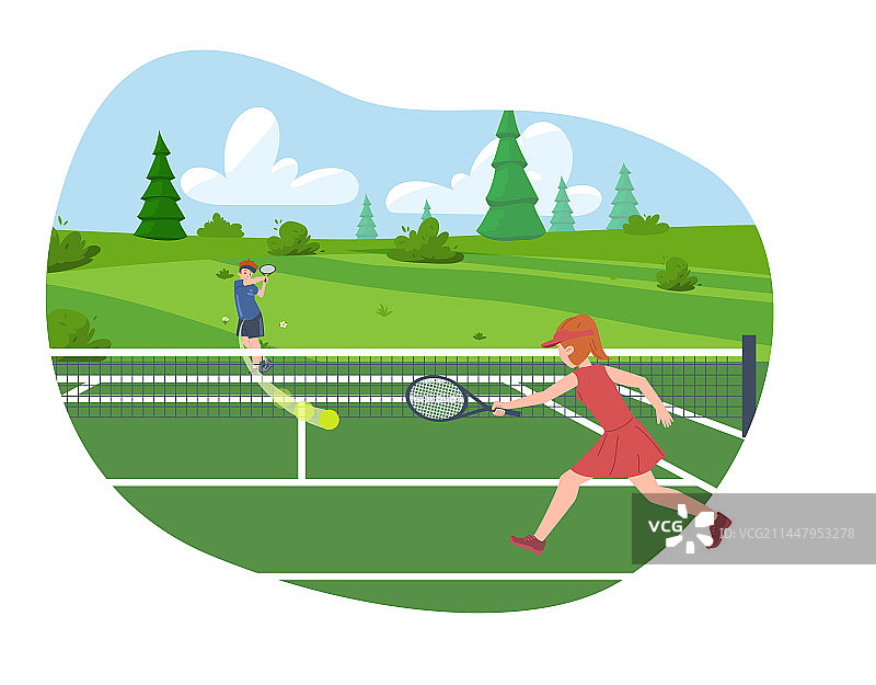 户外打网球的男孩和女孩图片素材