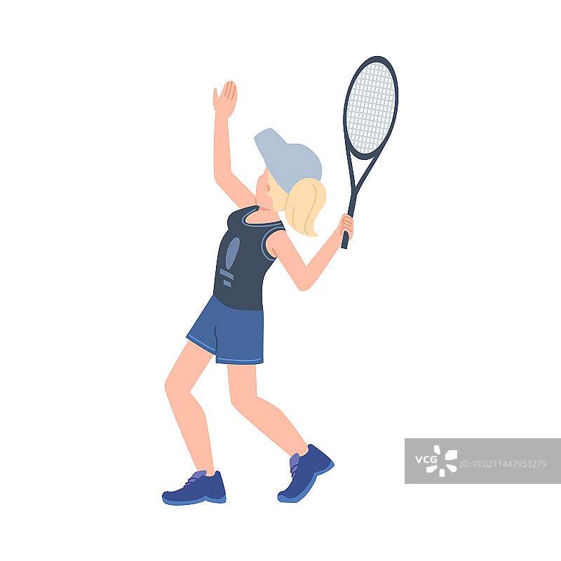 拿着网球拍向上看的年轻女孩（扁平风格）图片素材