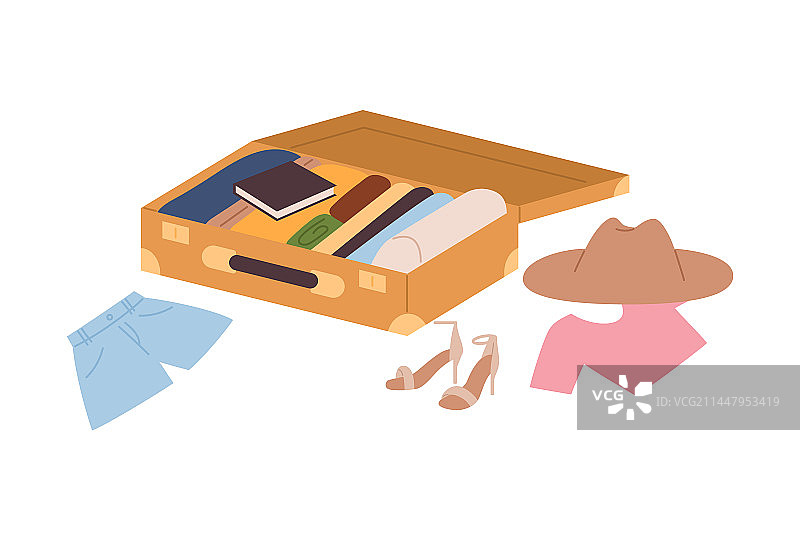 散落在行李箱周围的衣服图片素材