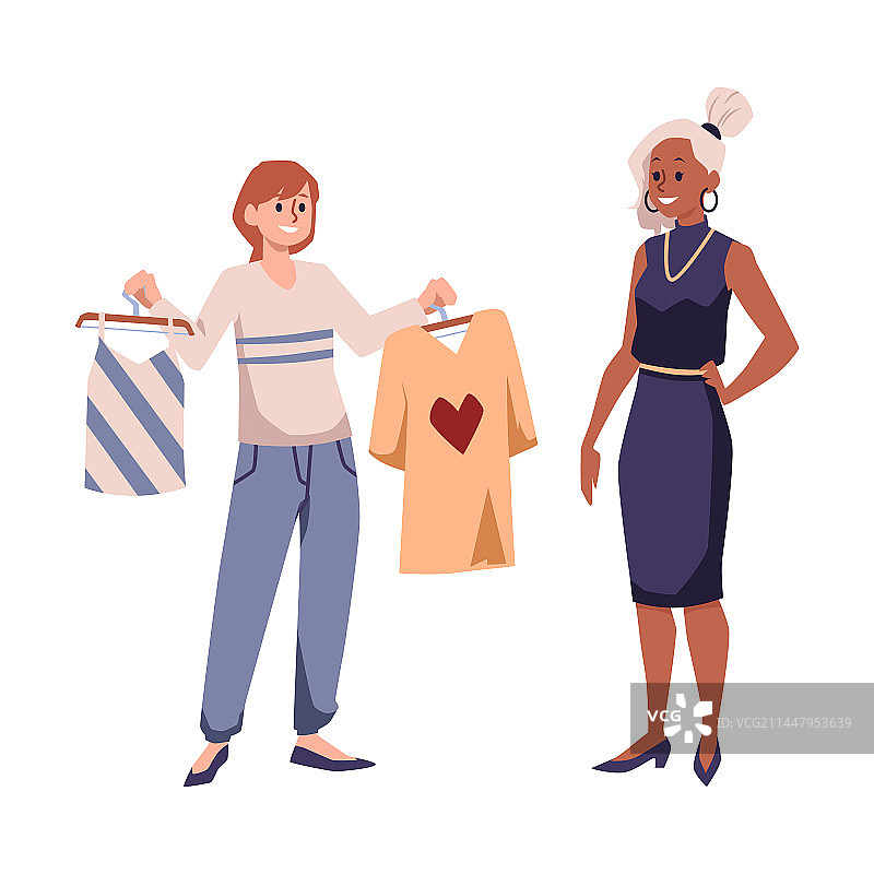 穿着深色连衣裙的时尚女人帮助朴素的女孩图片素材