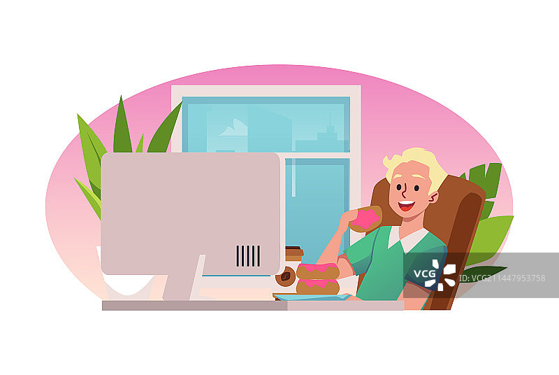 快乐的男人吃甜甜圈喝咖啡图片素材