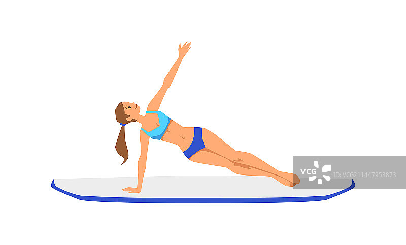 快乐的女人在桨板上做侧平板支撑图片素材