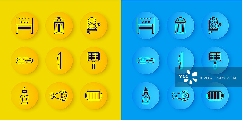 调味酱瓶、牛排肉、烧烤刀组合图片素材