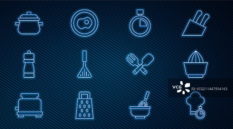 厨师帽、柑橘水果榨汁机和秒表线条组合图片素材