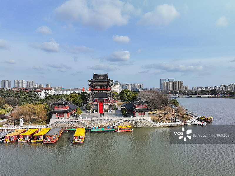 泰州镇淮楼凤城河建筑风光航拍图片素材