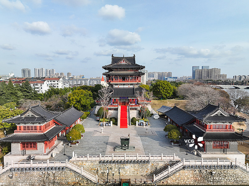 泰州镇淮楼凤城河建筑风光航拍图片素材